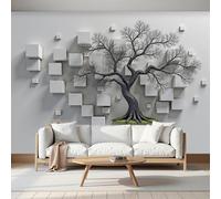 Mural De Pared Panorámico Tejido No Tejido Árbol Muerto En 3D Relieve De Bloque, Papel Pintado Fotomural De Gris Claro Geometría Moderna, 300X210Cm (Anxal), Moderno Mural De Pared Para Sala De Estar