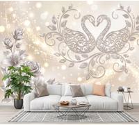 Mural De Pared Panorámico Tejido No Tejido Cisne Estrella Brillante | Papel Pintado Fotomural De Beige Ondas Flores Rosas Plateadas En 3D, 350X256Cm (Anxal), Moderno Mural De Pared Para Salón