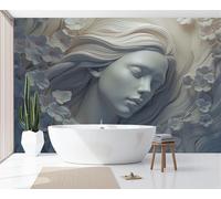 Mural De Pared Panorámico Tejido No Tejido Elegante Dama Cabello Largo En Relieve, Papel Pintado Fotomural De Gris Beige Flores Ensueño, 300X210Cm (Anxal), Moderno Mural De Pared Para Sala De Estar
