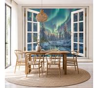 Mural De Pared Panorámico Tejido No Tejido Ensueño Aurora Boreal Ventana, Papel Pintado Fotomural De Turquesa Campos Nieve Bosques Lagos, 400X280Cm (Anxal), Moderno Mural De Pared Para Sala De Estar