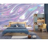 Mural De Pared Panorámico Tejido No Tejido Geometría De Ondas Oníricas En 3D, Papel Pintado Fotomural De Púrpura Líneas Metálicas De Neón, 250X175Cm (Anxal), Moderno Mural De Pared Para Sala De Estar