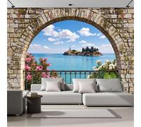 Mural De Pared Panorámico Tejido No Tejido Paisaje Isla Mediterránea, Papel Pintado Fotomural De Azul Ventanas Antiguas Piedra Ladrillo, 350X256Cm (Anxal), Moderno Mural De Pared Para Sala De Estar
