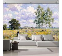 Mural De Pared Panorámico Tejido No Tejido Paisaje Rural Retro, Papel Pintado Fotomural De Amarillo Verdoso Pintura Óleo Flores Naturales, 450X315Cm (Anxal), Moderno Mural De Pared Para Sala De Estar