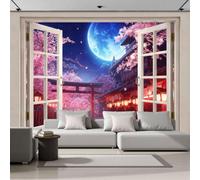 Mural De Pared Panorámico Tejido No Tejido Paisaje Santuario Japonés,Papel Pintado Fotomural De Azul Cielo Nocturno Cerezos Flor Anime,200X140Cm (Anxal),Moderno Mural De Pared Para Sala De Estar