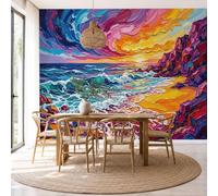 Mural De Pared Panorámico Tejido No Tejido Pintura Al Óleo Puesta Sol Costera, Papel Pintado Fotomural De Naranja Paisaje Natural Ensueño, 200X140Cm (Anxal), Moderno Mural De Pared Para Sala De Estar