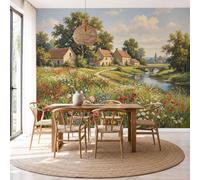 Mural De Pared Panorámico Tejido No Tejido Pintura Al Óleo Rural Nórdica, Papel Pintado Fotomural De Verde Salvia Paisaje Pradera Natural, 200X140Cm (Anxal), Moderno Mural De Pared Para Sala De Estar