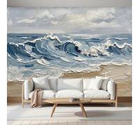 Mural De Pared Panorámico Tejido No Tejido Pintura Óleo Olas Pinceladas Gruesas, Papel Pintado Fotomural De Azul Blanco Paisaje Natural 3D, 400X280Cm (Anxal), Moderno Mural De Pared Para Sala De Estar