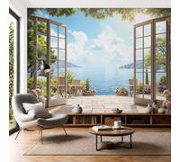 Mural De Pared Panorámico Tejido No Tejido Plantas Mediterráneas Bañadas Por El Sol, Papel Pintado Fotomural De Azul Paisaje Terraza Rural, 400X280Cm (Anxal), Moderno Mural De Pared Para Sala De Estar
