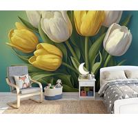 Mural De Pared Panorámico Tejido No Tejido Ramo De Tulipanes Primaverales En 3D, Papel Pintado Fotomural De Verde Alivio Plantas Frescas, 200X140Cm (Anxal), Moderno Mural De Pared Para Sala De Estar