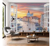 Mural De Pared Panorámico Tejido No Tejido Venecia Romántica, Papel Pintado Fotomural De Naranja Vista De La Ventana Al Atardecer, 200X140Cm (Anxal), Moderno Mural De Pared Para Sala De Estar