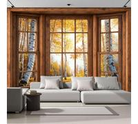 Mural De Pared Panorámico Tejido No Tejido Vista Desde Ventana Bosque Abedules Otoño, Papel Pintado Fotomural De Amarillo Pradera Natural, 200X140Cm (Anxal), Moderno Mural De Pared Para Sala De Estar
