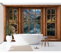 Mural De Pared Panorámico Tejido No Tejido Vista Desde Ventana Bosque Natural,Papel Pintado Fotomural De Verde Oscuro Montañas Sunny Lakes,350X256Cm (Anxal),Moderno Mural De Pared Para Sala De Estar