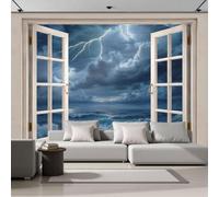 Mural De Pared Panorámico Tejido No Tejido Vista Ventana Durante Tormenta Eléctrica,Papel Pintado Fotomural De Azul Olas Feroces Nubes,350X256Cm (Anxal),Moderno Mural De Pared Para Sala De Estar