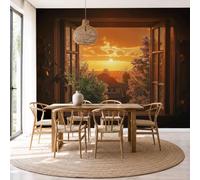 Mural De Pared Panorámico Tejido No Tejido Vista Ventana Marco Madera Estilo Retro, Papel Pintado Fotomural De Amarillo Atardecer Rural, 300X210Cm (Anxal), Moderno Mural De Pared Para Sala De Estar