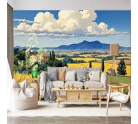 Mural de pared personalizable autoadhesivo de tela extraíble, paisaje toscano, campo, villa, campos amarillos, vista a la montaña, cielo, nubes, decoración de pared grande para sala de estar