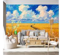 Mural de pared personalizable con campo de trigo dorado, camino de campo, impasto, pintura al óleo, impresionista, paisaje, cielo, nubes, tela de pared autoadhesiva, extraíble, para decoración del