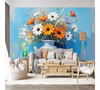 Mural de pared personalizado autoadhesivo de tela extraíble, diseño de margaritas florales, pintura al óleo, ramo de flores muertas, jarrón grande para decoración de sala de estar