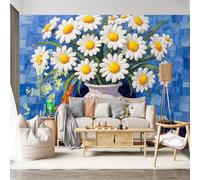 Mural de pared personalizado autoadhesivo de tela extraíble, ramo de margaritas, mosaico azul, floral, calcomanía de pared grande para sala de estar
