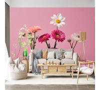 Mural de pared personalizado, autoadhesivo, tela extraíble, arreglo floral, margaritas rosas, gerberas, jarrones, moderno, botánico, grande, decoración de pared para sala de estar