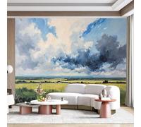 Mural de pared personalizado, autoadhesivo, tela extraíble, camino de campo, cielo nublado, campo, paisaje, pintura al óleo, gran adhesivo decorativo para sala de estar