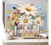 Mural de pared personalizado autoadhesivo, tela extraíble, pintura floral de margaritas, arte impresionista, flores coloridas, calcomanía de pared grande para sala de estar