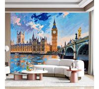 Mural de pared personalizado, autoadhesivo, tela extraíble, reloj de Londres, torre, río Támesis, puente, puesta de sol, impresión, arte grande, decoración de pared para sala de estar