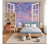 Mural De Pared Rosa Morado Globos Aerostáticos Románticos Montañas,Papel Pintado Fotográfico Tejido No Tejido Atardecer Degradado,450X315Cm,Fotomurales Moderna Decorativo Para Sala De Estar,Dormitorio