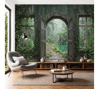 Mural de Pared Selva Tropical, 250x175cm Papel Tapiz Grande Estanque Carpas Koi Estilo Retro Fotomurales Panorámico, Papel Pintado de Seda para Sala de Estar, Dormitorio, Fondo de TV, Verde Musgo