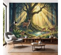 Mural De Pared Verde Bosque Soleado De Ensueño, Papel Pintado Fotográfico Tejido No Tejido Paisaje De Renos De Cuento De Hadas, 250X175Cm, Fotomurales Moderna Decorativo Para Sala De Estar, Dormitorio