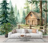 Mural De Pared Verde Cabaña En El Bosque Rural | Papel Pintado Fotográfico Tejido No Tejido Paisaje Nórdico En Acuarela, 400X280Cm, Fotomurales Decorativo Para Sala De Estar, Dormitorio