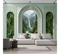 Mural De Pared Verde Cascada Natural En El Bosque, Papel Pintado Fotográfico Tejido No Tejido Arco Nórdico Tallado, 350X256Cm, Fotomurales Moderna Decorativo Para Sala De Estar, Dormitorio