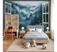 Mural De Pared Verde Oscuro Montañas Bosque Brumoso, Papel Pintado Fotográfico Tejido No Tejido Vista Tranquila Desde Ventana, 300X210Cm, Fotomurales Moderna Decorativo Para Sala De Estar, Dormitorio