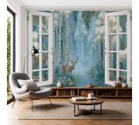 Mural de Pared Vista Desde Ventana Del Bosque Abedules, 400x280cm Papel Tapiz Grande Ciervo Bosque Fotomurales Panorámico, Papel Pintado de Seda para Sala de Estar, Dormitorio, Fondo de TV, Azul