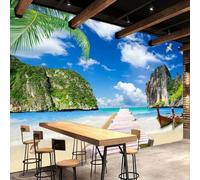 Mural de PVC autoadhesivo 3D papel tapiz con cielo azul nubes blancas puente de madera barco playa fondo decoración del hogar pintura de pared arte de pared pegatina