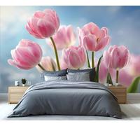 Mural de ramo de tulipanes rosas - Arte floral fresco para la pared del dormitorio, alegre papel pintado de flores de primavera 300x230cm (No es autoadhesivo)
