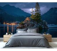 Mural de relámpagos sobre la isla del lago: impresionante arte mural de paisaje montañoso tormentoso, papel tapiz de naturaleza nocturna a gran escala para decoración 200x140cm (No es autoadhesivo)