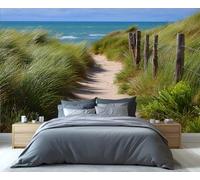 Mural de sendero costero sereno - Arte mural de dunas de playa y paisaje oceánico para sala de estar, papel tapiz tranquilo junto al mar 150x105cm (No es autoadhesivo)