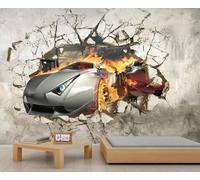 Mural de Supercar con Llama Rompiendo Muros en 3D - Papel Tapiz Decorativo 3D de Alto Impacto para Dormitorio y Salón 250x195cm (No es autoadhesivo)