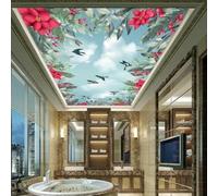 Mural de techo autoadhesivo en 3D con flores, nubes y pájaros: papel pintado para la decoración del techo del salón y el dormitorio