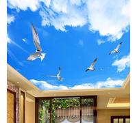 Mural de techo en 3D con cielo azul, nubes blancas y pájaros volando; revestimiento decorativo para techos de sala de estar y dormitorio