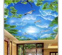 Mural de techo en 3D con un hermoso cielo azul, nubes blancas y ramas de árboles; revestimiento decorativo para techos de sala de estar y dormitorio
