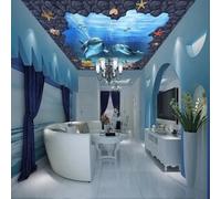 Mural de techo en 3D con un mundo submarino, delfines y corales; revestimiento decorativo para techos de sala de estar y dormitorios