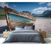 Mural de un barco abandonado y oxidado en la playa - Arte mural de ruinas costeras para la sala de estar, papel tapiz nostálgico de un naufragio junto al mar 200x140cm (No es autoadhesivo)