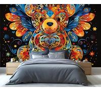 Mural de un colorido osito de peluche mandala con alas, vibrante papel pintado de estilo bohemio, decoración única para la pared del dormitorio y la sala de estar 350x250cm (No es autoadhesivo)