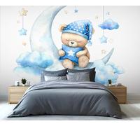 Mural de un osito de peluche con gorro de dormir leyendo bajo la luna, papel pintado infantil de noche estrellada en acuarela, decoración de pared para dormitorio infantil de ensueño 400x280cm