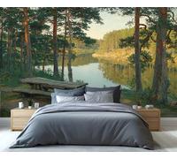 Mural de un sereno lugar de picnic en un lago del bosque: Arte mural con exuberante vegetación y aguas tranquilas para la sala de estar, papel tapiz de un tranquilo refugio en el bosque 200x140cm