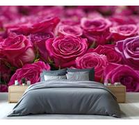 Mural de un vibrante campo de rosas magenta: exuberante arte floral para la pared del dormitorio, papel pintado romántico de jardín de rosas 250x195cm (No es autoadhesivo)