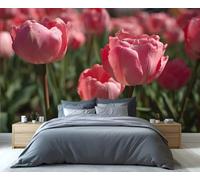 Mural de un vibrante campo de tulipanes rosas: exuberante arte floral para la pared del dormitorio, romántico papel pintado de jardín de flores de primavera 300x210cm (No es autoadhesivo)