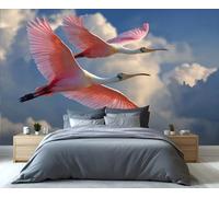 Mural de una pareja de espátulas rosadas en vuelo - Plumaje rosa y cielo nublado - Arte de pared para sala de estar, elegante papel tapiz de aves silvestres 100x100cm (No es autoadhesivo)