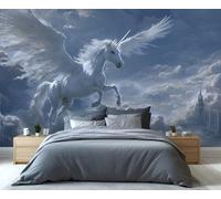 Mural de unicornio alado mítico - Arte mural de fantasía con castillo celestial mágico para dormitorio, papel pintado de cuento de hadas encantador 350x250cm (No es autoadhesivo)